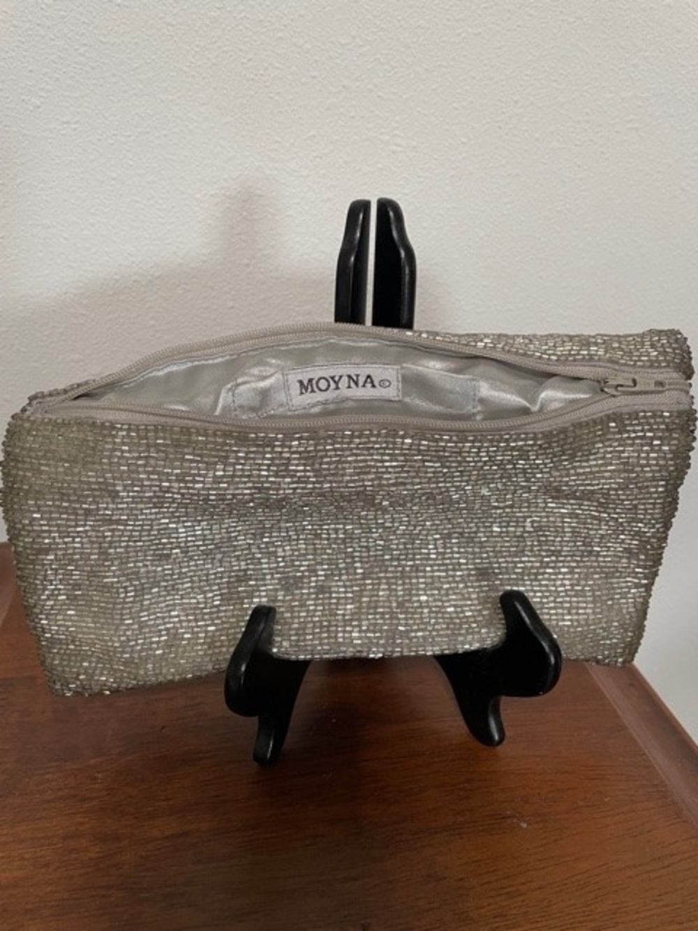 Moyna Metallic Silver Beaded Evening Clutch